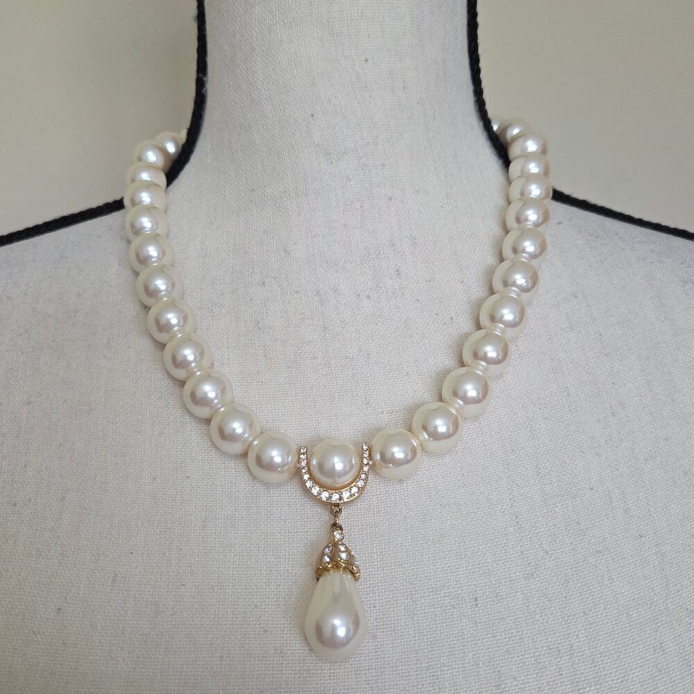 Vintage Marvella Faux Pearl Rhinestone Choker Necklace Ivory Gold Bridal - Picture 2 of 13